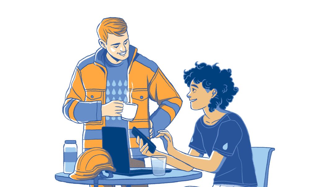 Piirroskuva toimistotyöntekijästä ja verkostotyöntekijästä kahvitauolla.