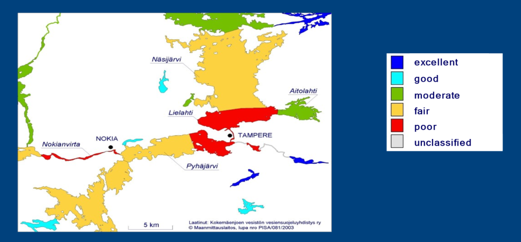 Kaavio Tampereen vesistöjen tilasta vuonna 1970