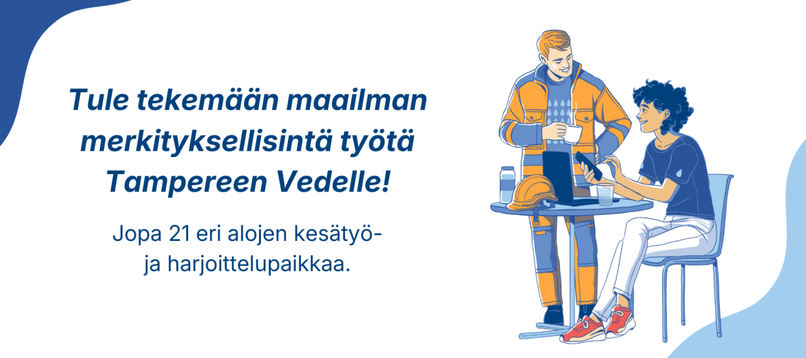 Piirroskuva, jossa kaksi työntekijää kahvilla.