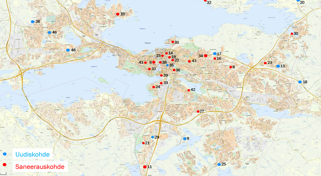 Tampereen karttakuva, johon on merkattu uudis- ja saneerauskohteiden sijainnit.